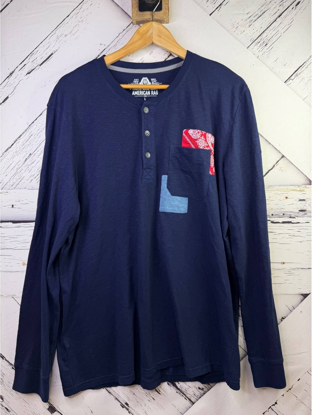 American Rag Patchwork Pocket Henley Gorpcore Long Sleeve Shirt Navy Men’s LG